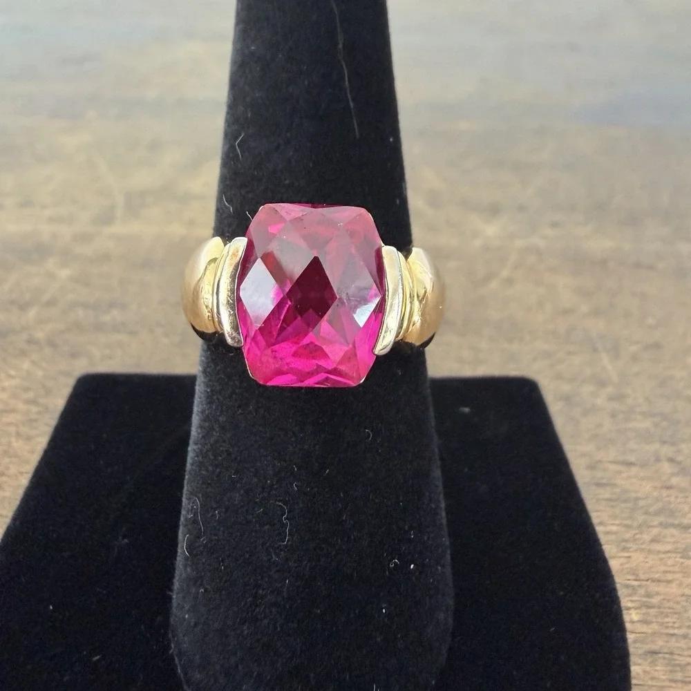 VTG Estate Sterling Silver 925 Ring Cushion Cut Synthetic Ruby Gold Toned Sz 8